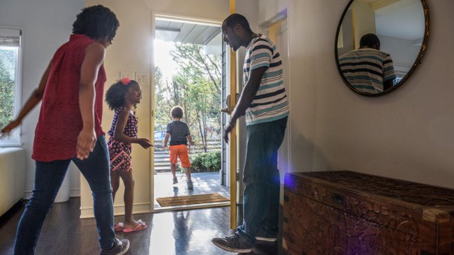 family rushing out the door