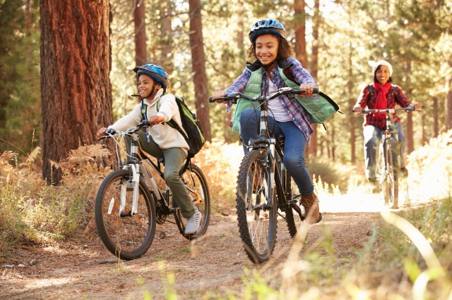 A family rides bikes through the woods