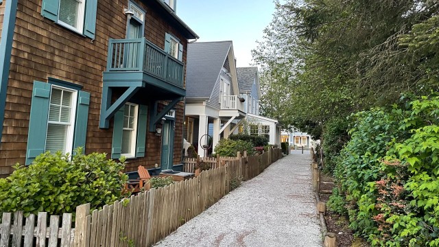 Oyster shells line the walkway of paths outside cottages in Seabrook, Wa