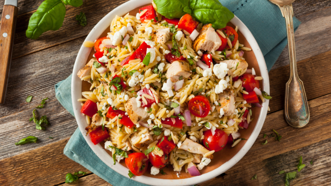 a picture of orzo salad, a kid friendly pasta salad
