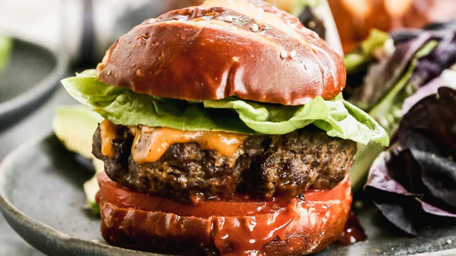 A picture of an air fryer dinner recipe for cheeseburgers