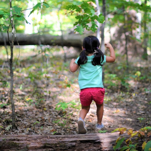 girl in pigtails jumping off log
