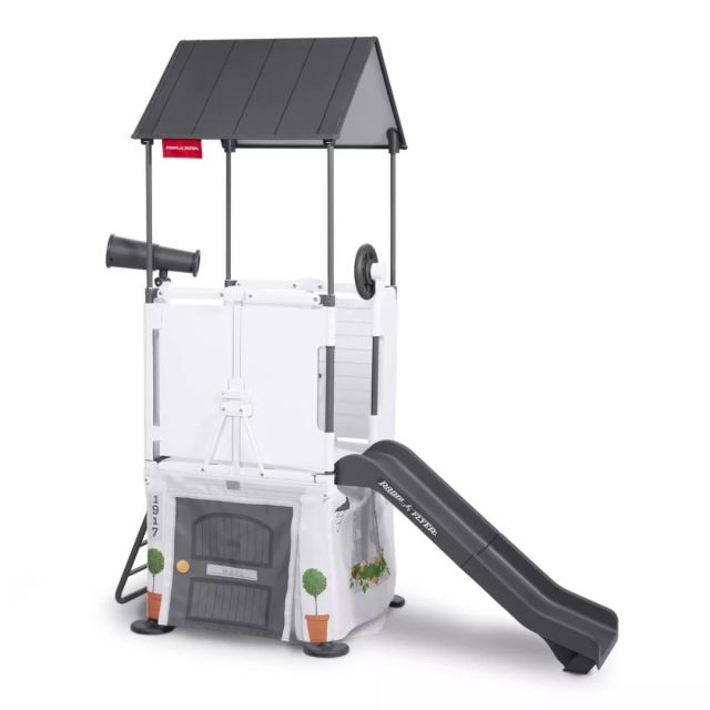 white tall kids playhouse with slide