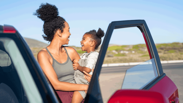 mother and child on a family road trip