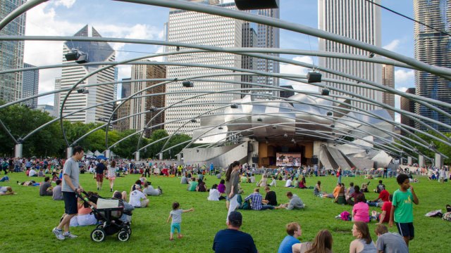Chicago Jazz Festival ampitheater with crowd sitting in grass