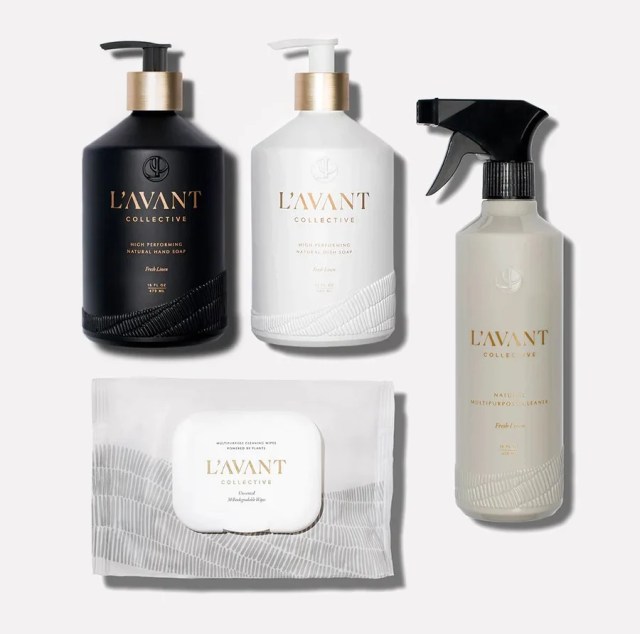 flat lay of grey, white, and black non-toxic cleaning products