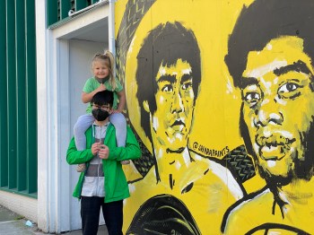 Kids outside the Wing Luke Museum in seattle chinatown international district