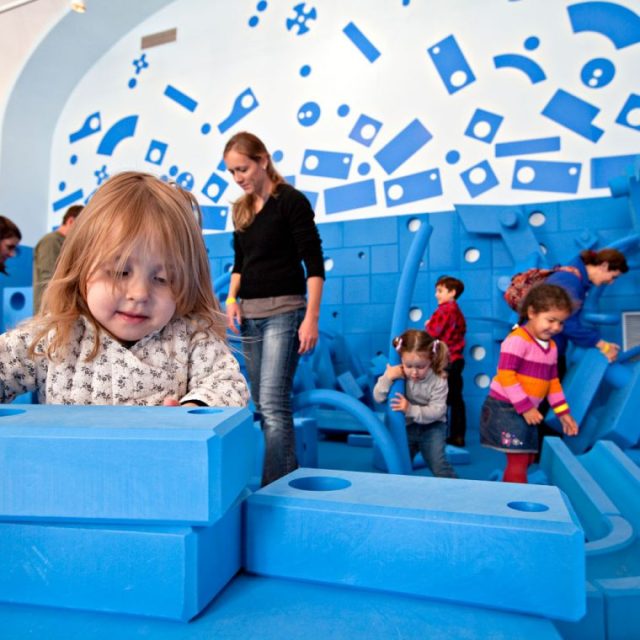 Oversized blue building blocks at the National Building Museum