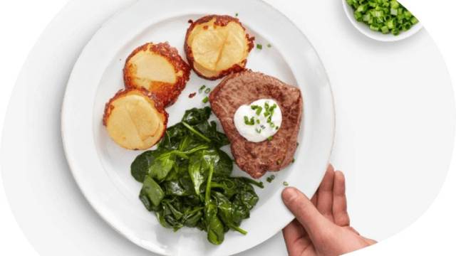 a plate with potatoes, meat and veggies
