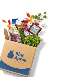 cardboard Blue Apron box with food spilling out
