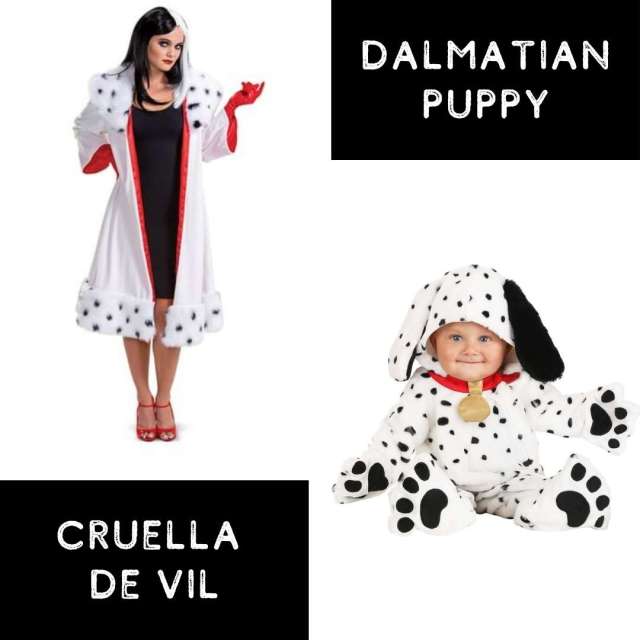 Adult Cruella de Vil costume and infant dalmatian puppy costume