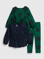 set of green and navy polkadot leggings, top, and navy top