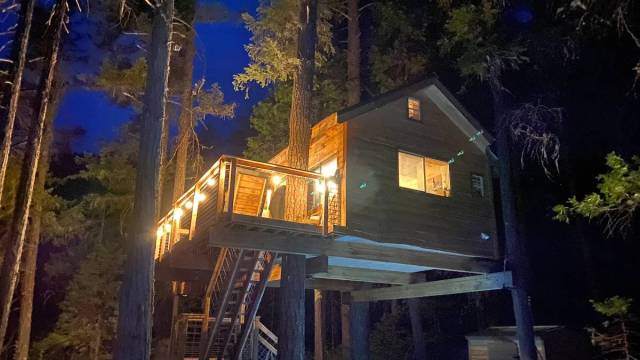 a treehouse rental near portland is lit up at night in the trees