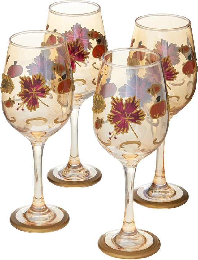 Set of four wine glasses with painted leaves