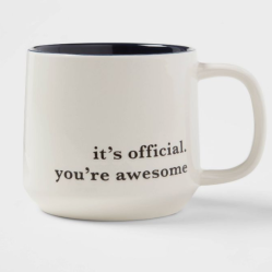 white mug with black text