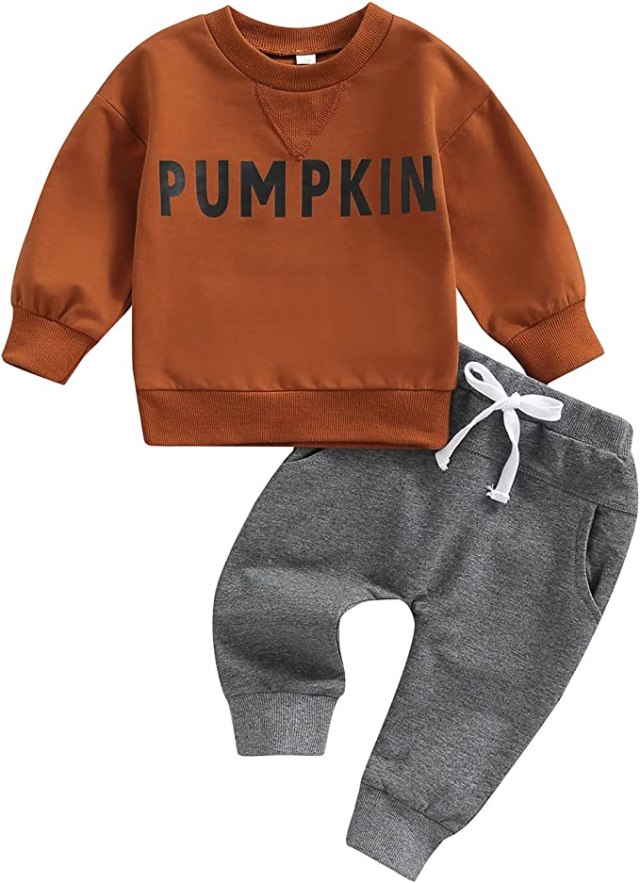 Grey jogger and orange pumpkin sweatshirt