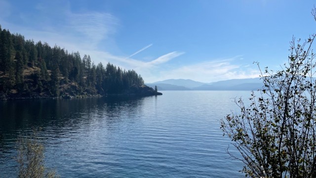 a view from tubbs hill in coeur dalene with hills and water