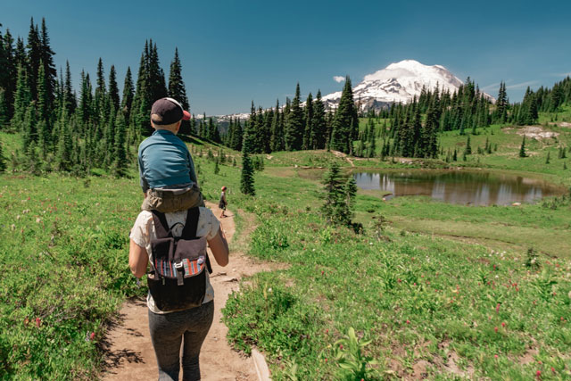 family hiking in a national park