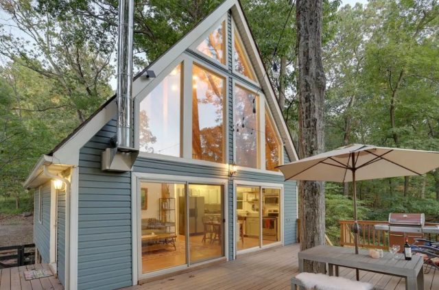grey a-frame cabin exterior