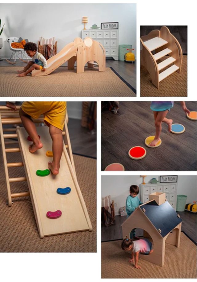 children playing on various wooden play sets