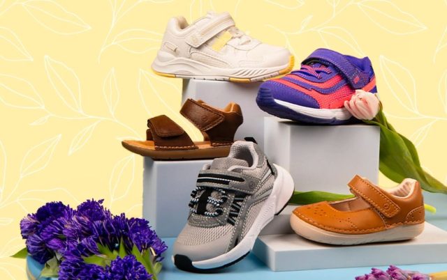 a spring themed display of children's shoes