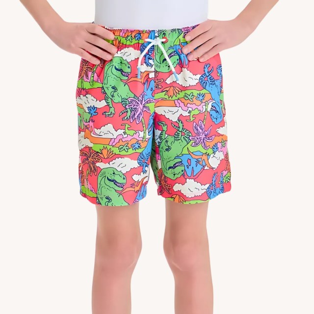 child wearing the dinosaur swim trunks