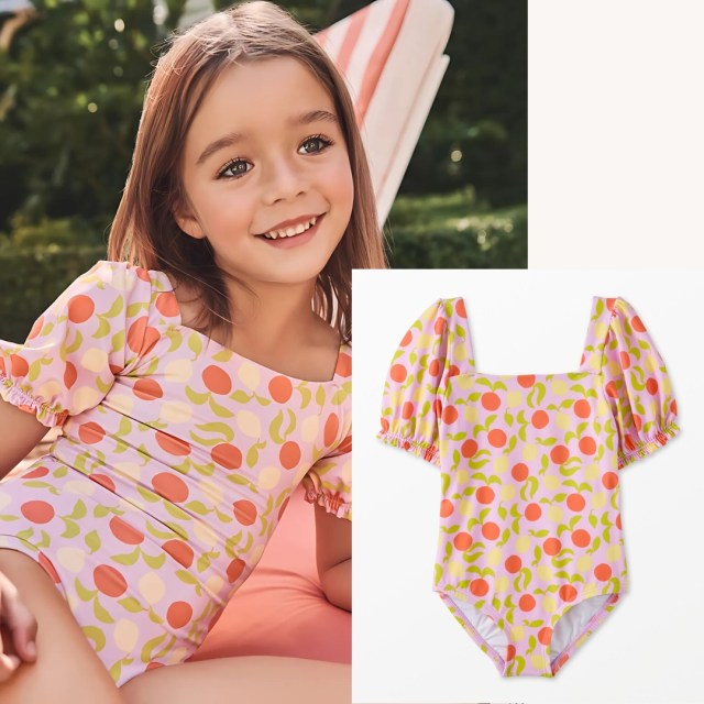 child wearing the puffy sleeve swimsuit