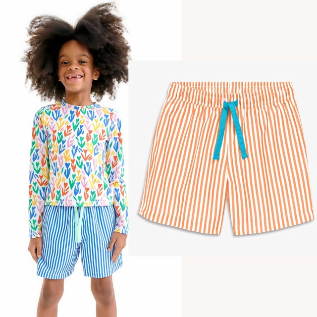 child wearing the striped swim trunks and a rash guard