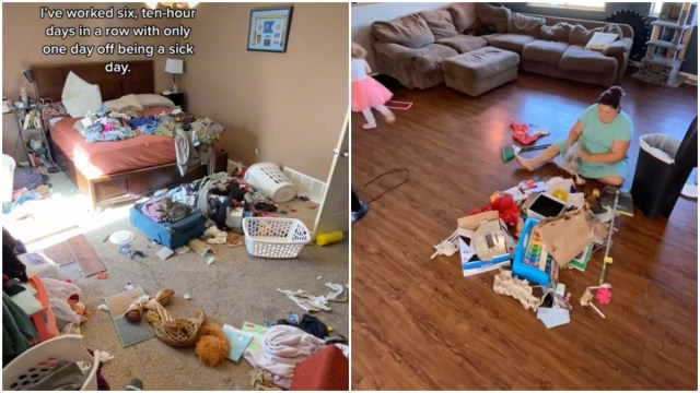 TikTok video of mom cleaning up while husband does nothing