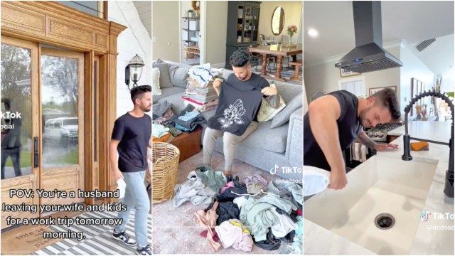 husband doing chores before leaving on a work trip