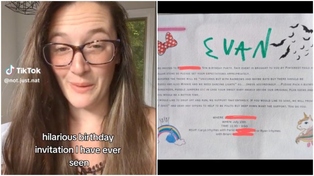 Screenshots from a TikTok video about a hilariously accurate birthday invitation