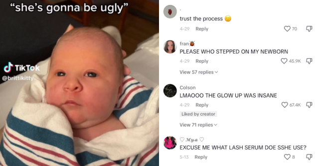 Screenshots from a TikTok showing a newborn's "glow-up"