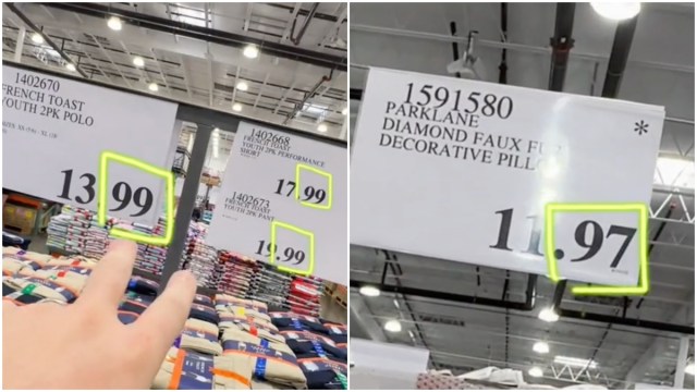 Screenshots from a TikTok video showing Costco price signs