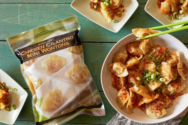 a bag of Trader Joe's chicken cilantro mini wontowns with some in a bowl