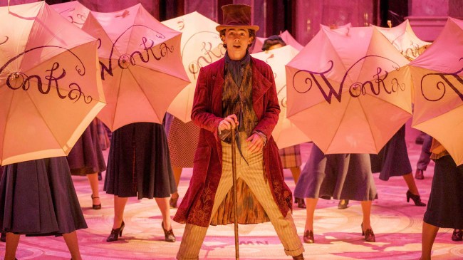 A still from Wonka showing Timothee Chalamet as Willy Wonka