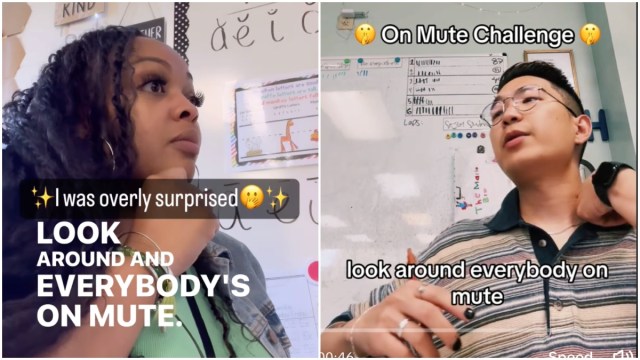 Screenshots from videos of teachers doing the "Mute Challenge"