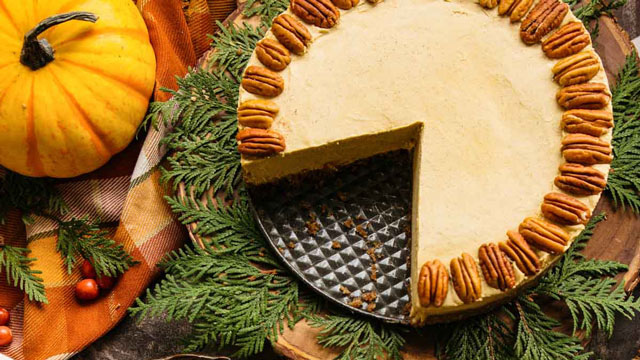 a picture of vegan cheesecake, a thanksgiving dessert that isn't pie