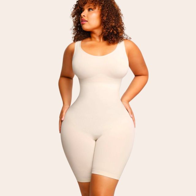 woman wearing ivory mid-thigh bodysuit shapewear