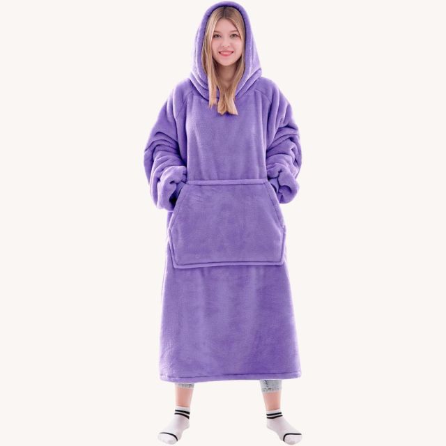 woman wearing purple blanket hoodie