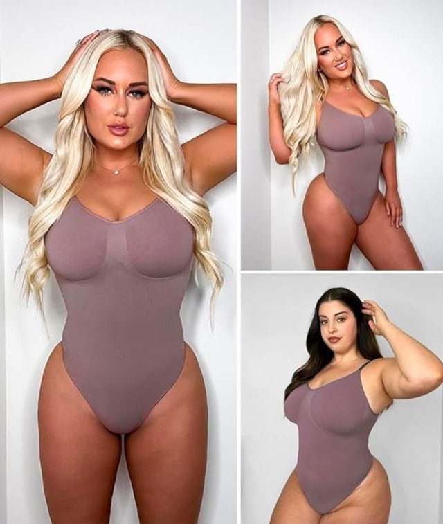 three women in taupe bodysuits