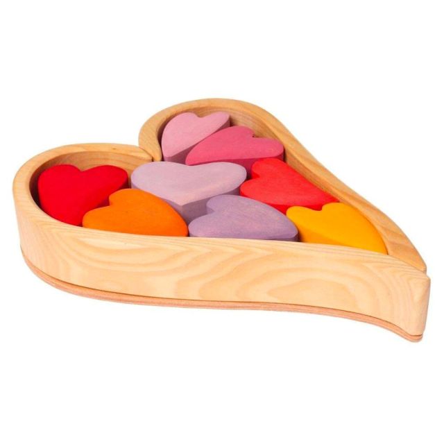 heart shaped wooden box filled with heart shaped wooden blocks