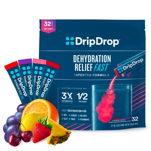 box of dripdrop electrolyte drink powder packets