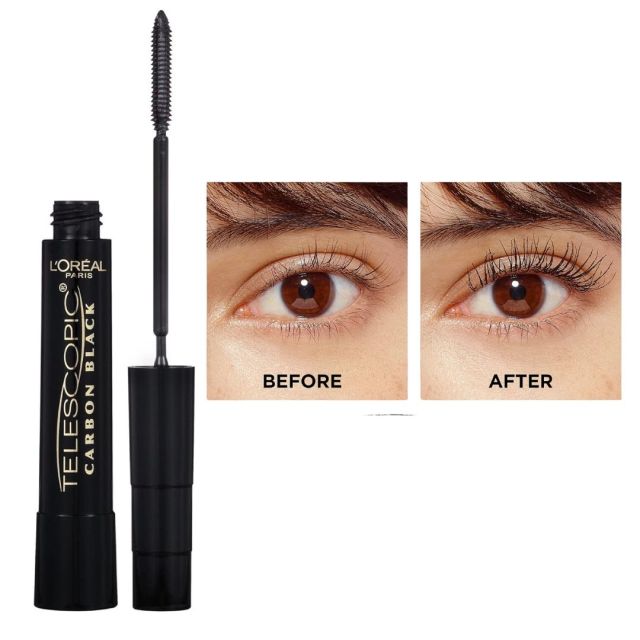 tube of mascara next to before and after image