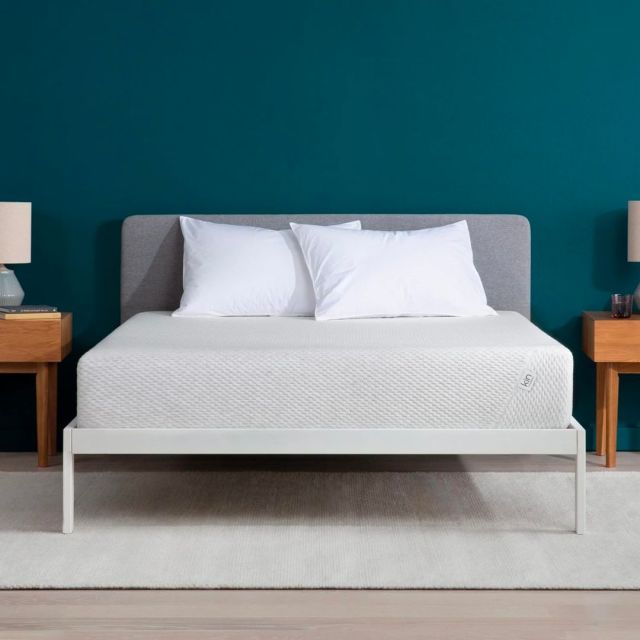 platform bed on rug against teal green wall
