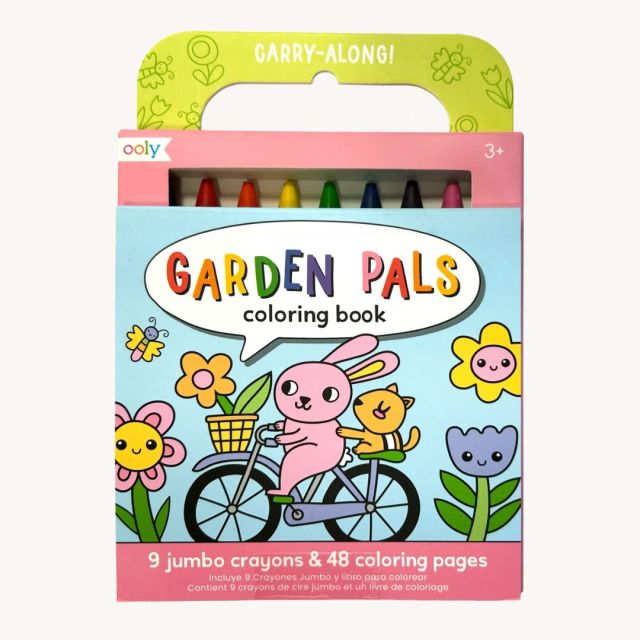 Bunny-themed coloring book set with crayons and a carrying handle