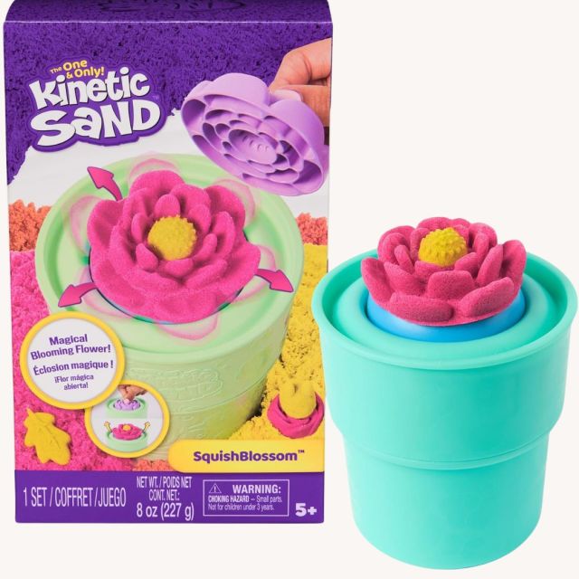 Kinetic Sand playset for kids with a mold for creating a flower in a pot