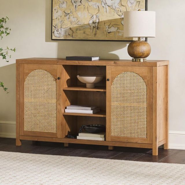 oak rattan buffet in living room
