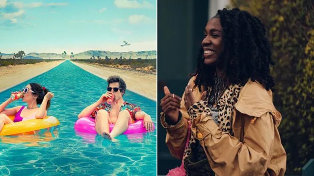 a side by side of two movie stills from 'Palm Springs' and Rye Lane, both movies under 90 minutes