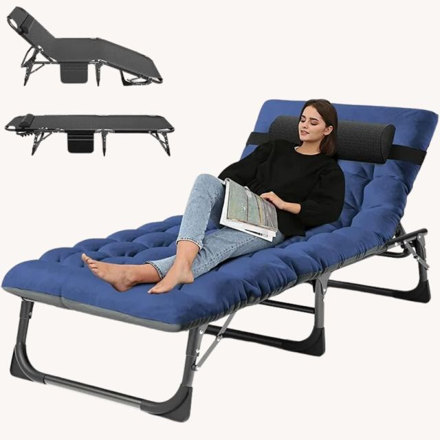 woman reclining on a lounge chair with a blue chair cushion