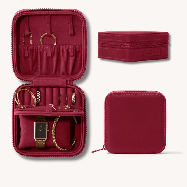 different angles of the red jewelry case